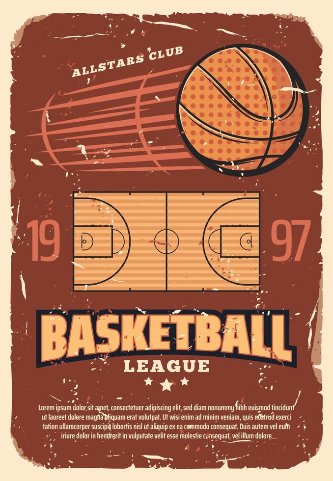 Retro basketball league old shabby vector poster