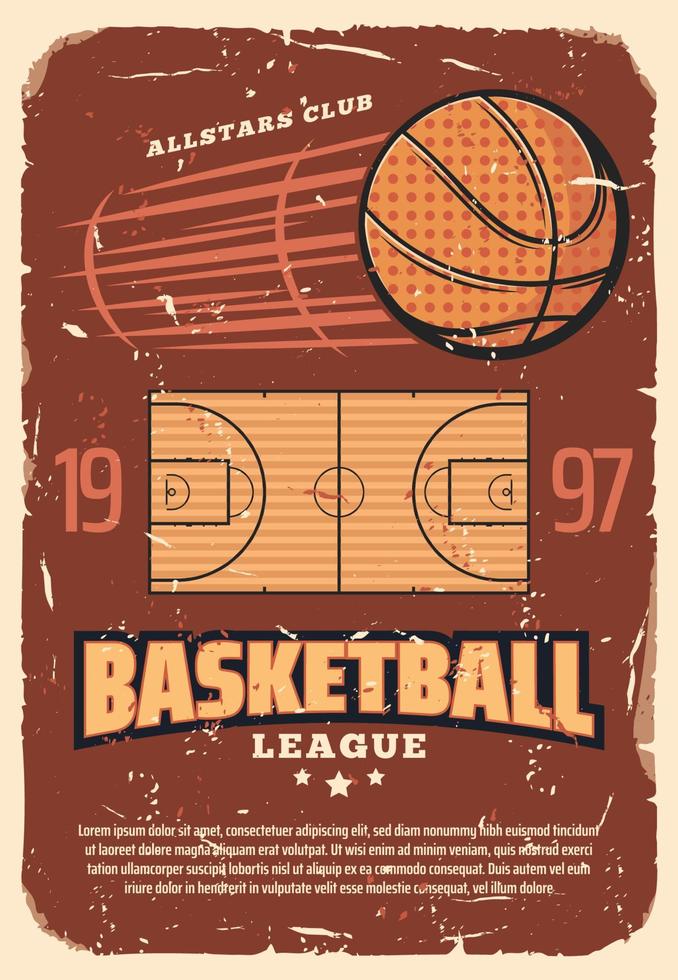 cartel retro del vector del viejo shabby de la liga de baloncesto