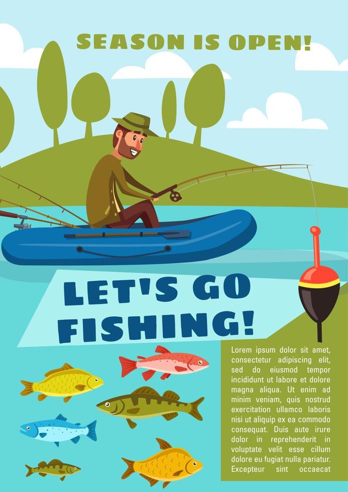 cartel de deporte de pesca con pescador, pescado y caña vector