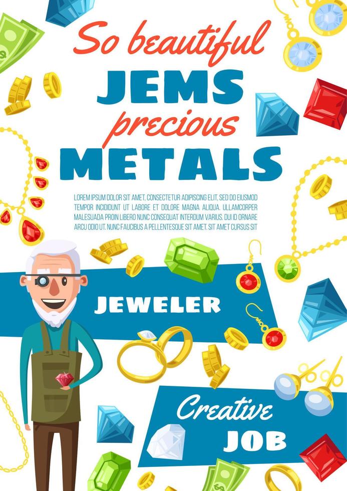 Jeweler profession, gems and jewels vector