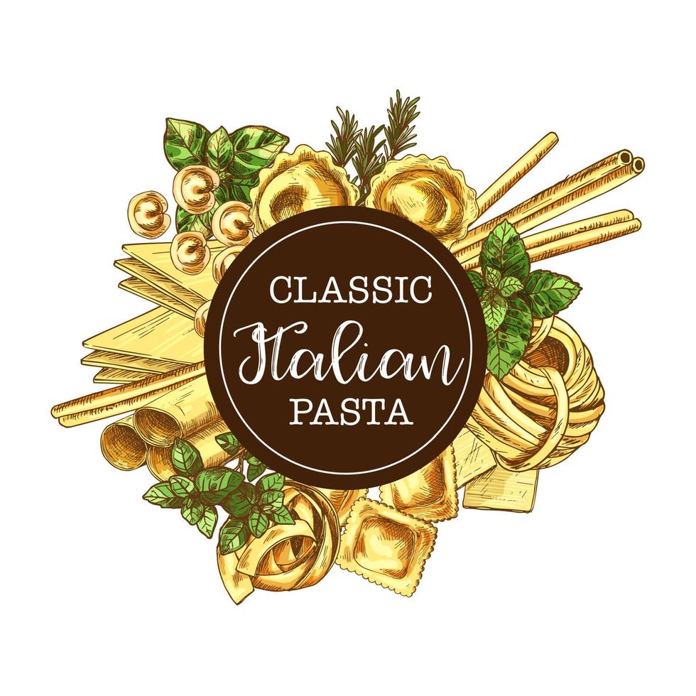 etiqueta redonda de pasta italiana, boceto vectorial vector