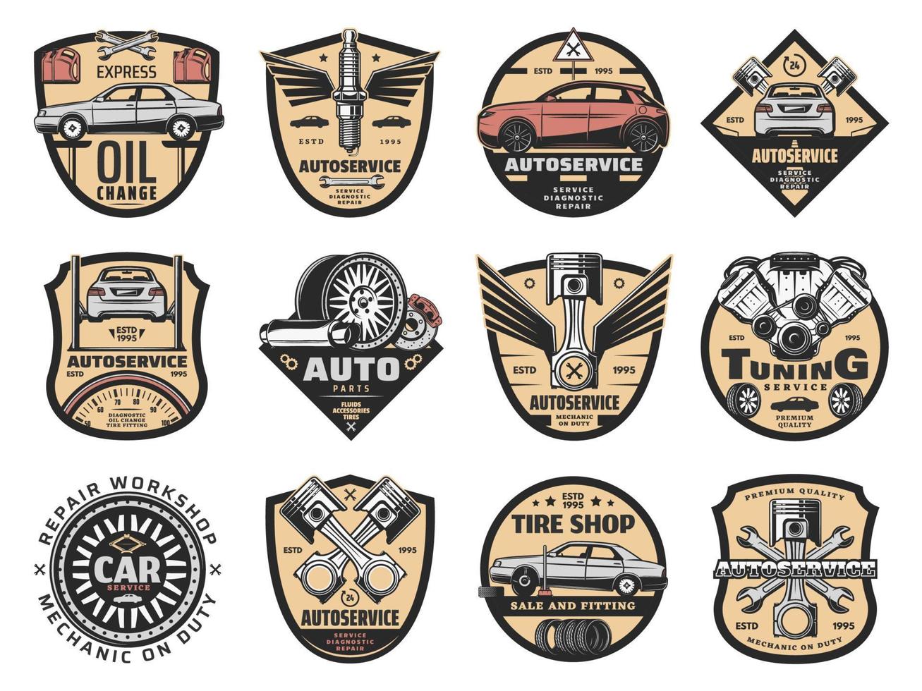 Car repair, service station and store icons vector