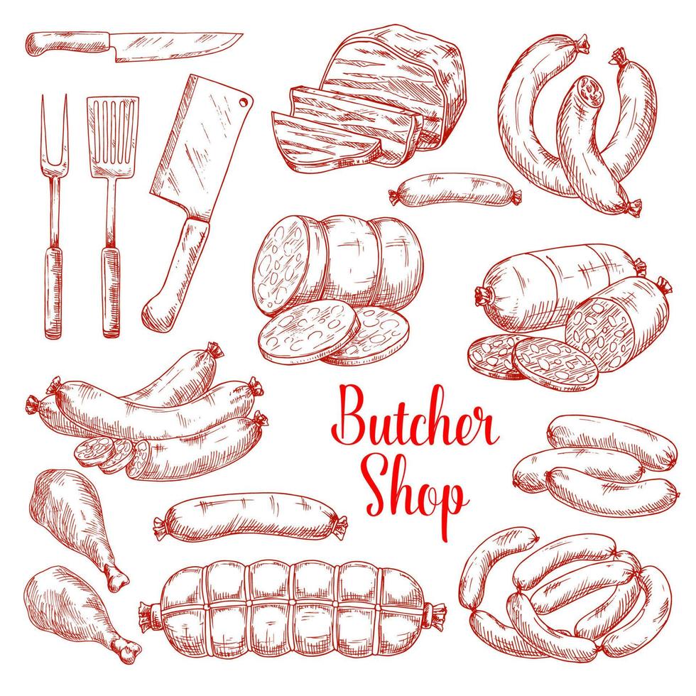 Vector sketch icons of butchery meat products