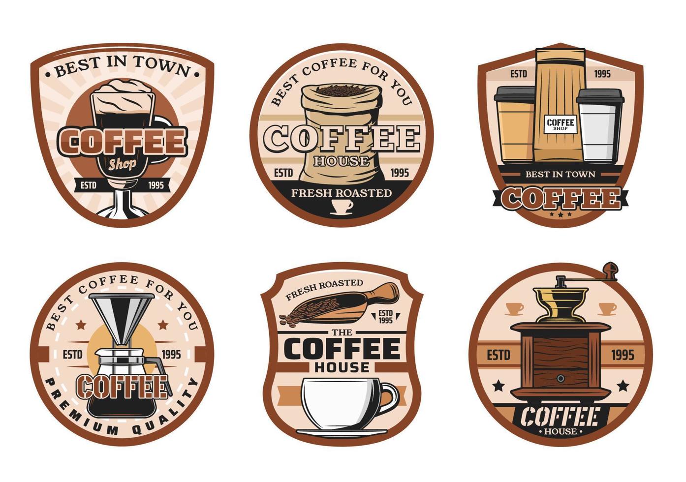 Coffee shop, cups and beans icons vector