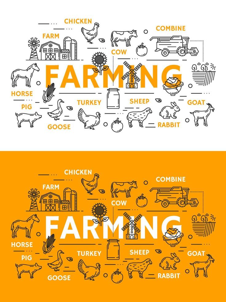 Farming line art posters for farm animals and food vector