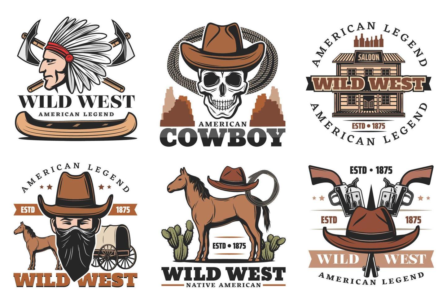 Wild West icons, cowboy and horses vector