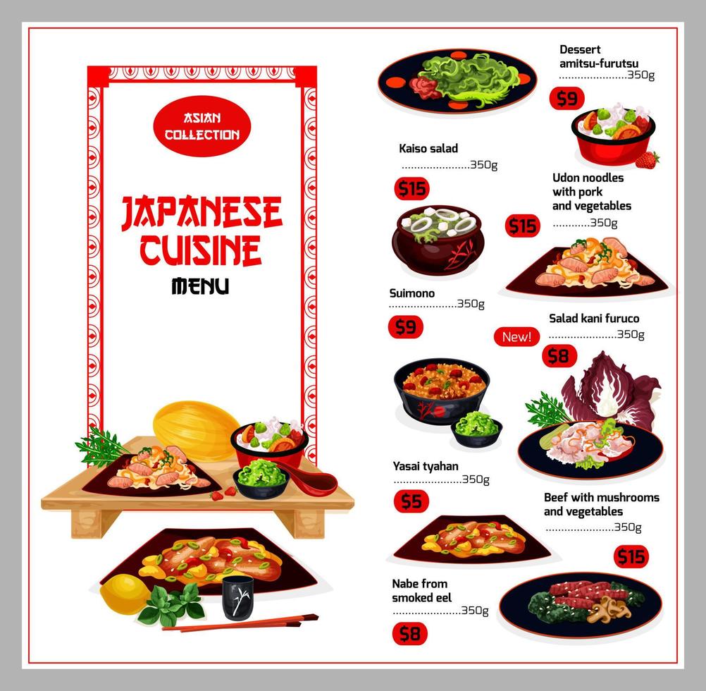 Japanese cuisine traditional dishes menu vector