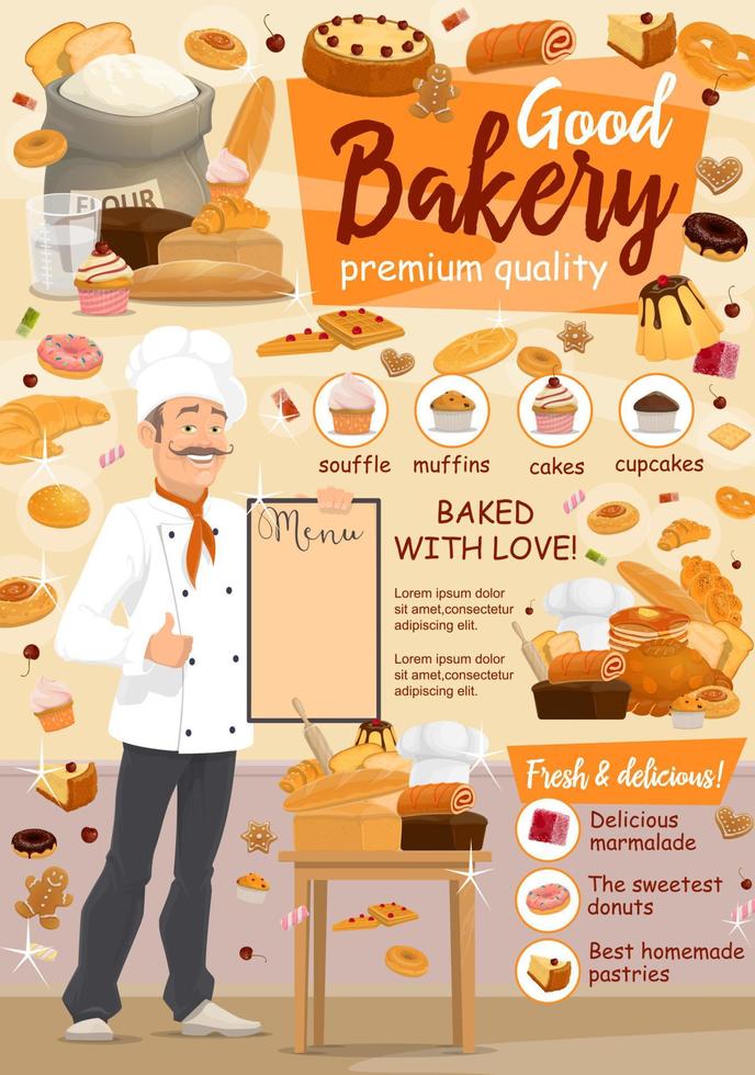 Bakery food, baker and pastry products vector