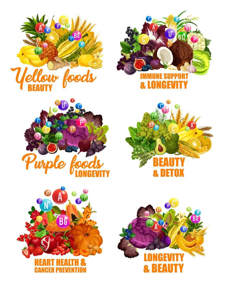 Fruits and vegetables, color diet vitamins vector