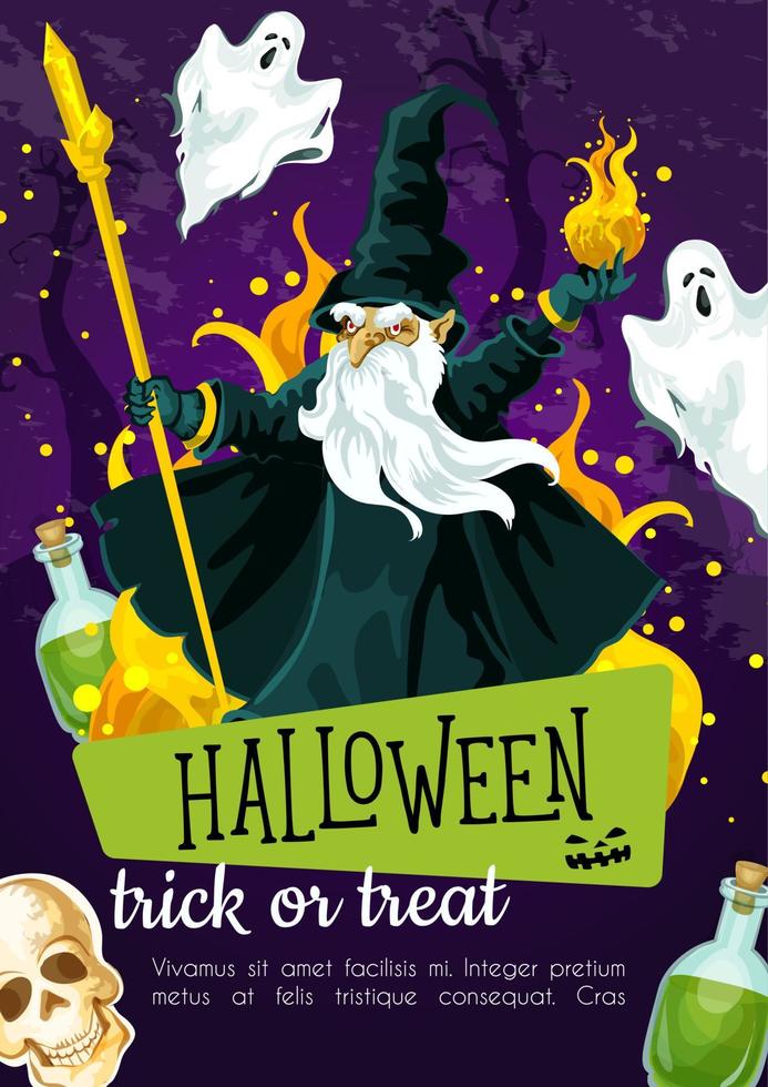 cartel de saludo de vacaciones de halloween con mago malvado vector