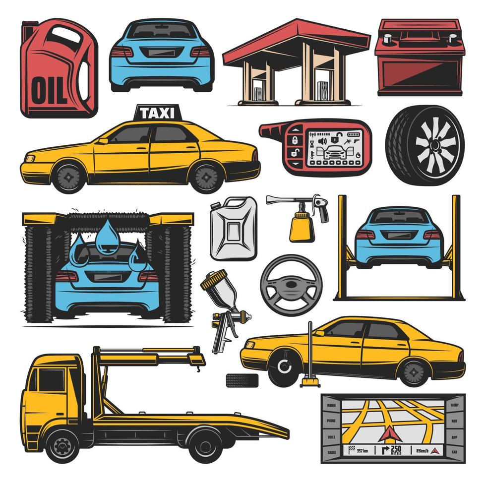 Iconos de vector de estación de servicio y reparación de automóviles