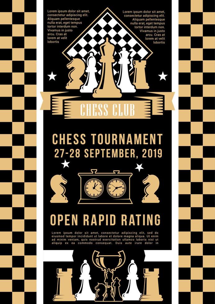 Chess tournament, game pieces and timer vector
