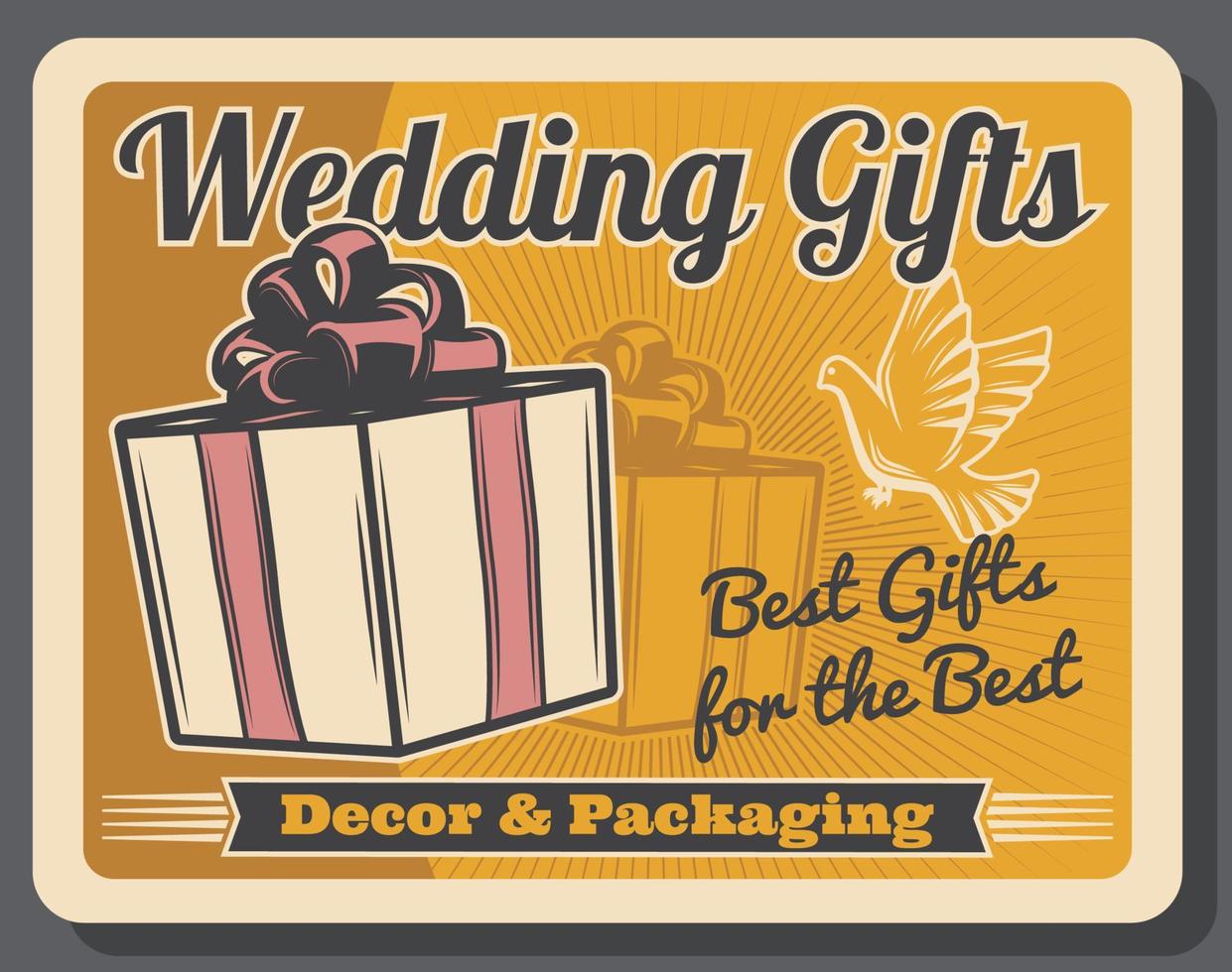 Wedding gifts. Retro packaging, decor and dove vector