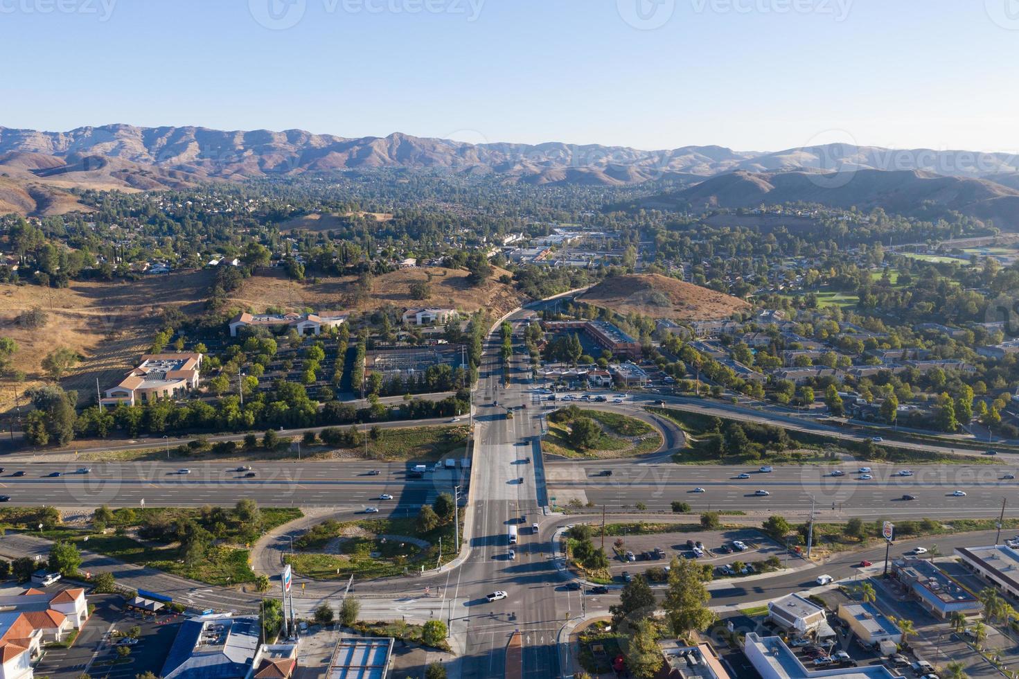 Agoura Hills, CA - Aug 26, 2020 -  Aerial view along Agoura Hills and the Ventura Freeway in Los Angeles County, California. photo