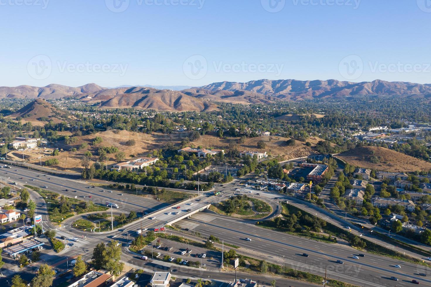 Agoura Hills, CA - Aug 26, 2020 -  Aerial view along Agoura Hills and the Ventura Freeway in Los Angeles County, California. photo