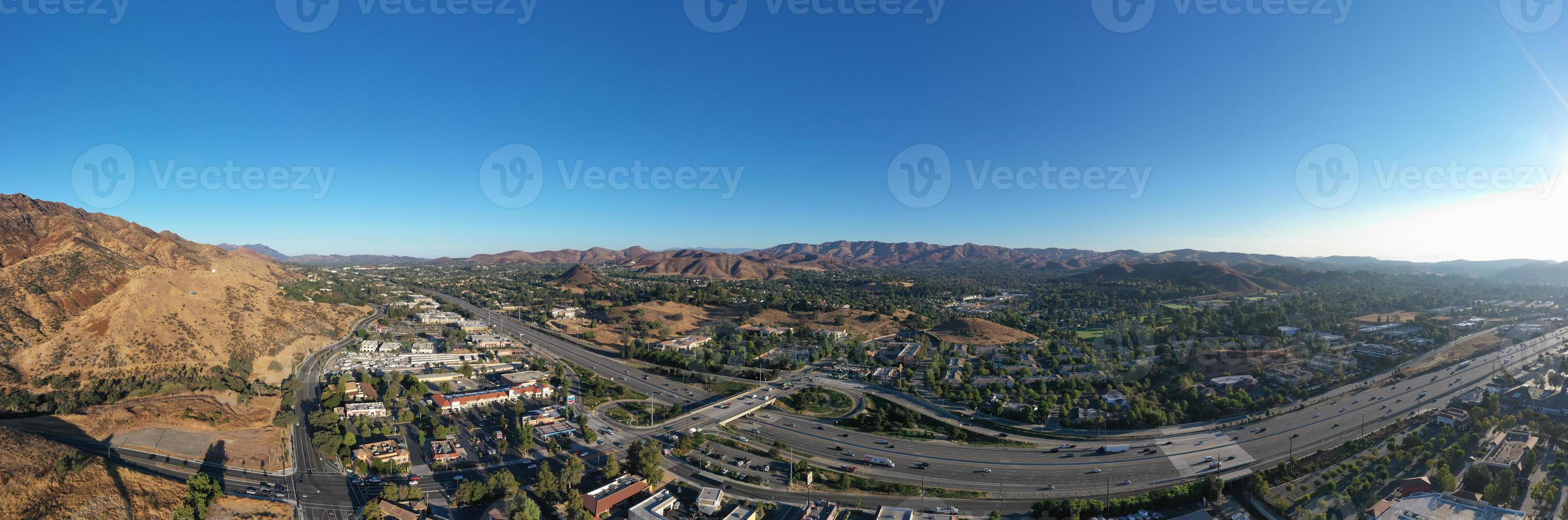 Agoura Hills, CA - Aug 26, 2020 -  Aerial view along Agoura Hills and the Ventura Freeway in Los Angeles County, California. photo