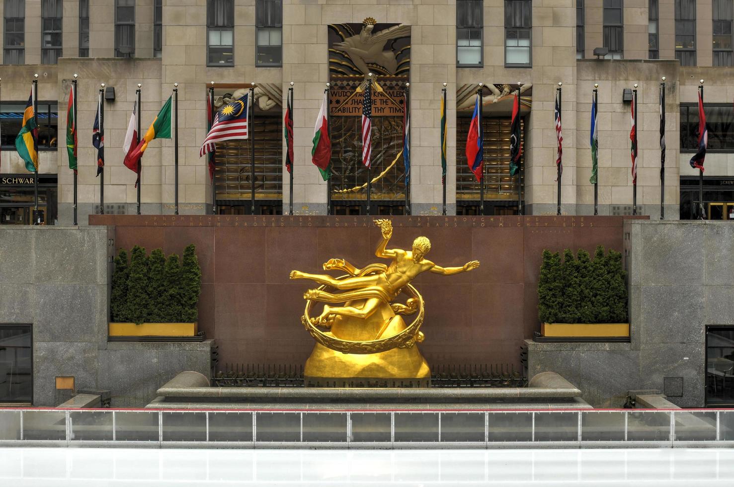 New York City - Mar 29, 2020 -  Empty Rockefeller Center and ice rink during the Coronavirus epidemic in New York City. photo