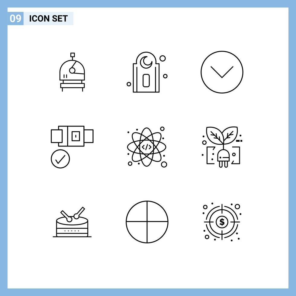 Pack of 9 Modern Outlines Signs and Symbols for Web Print Media such as green coding media player atom safety Editable Vector Design Elements
