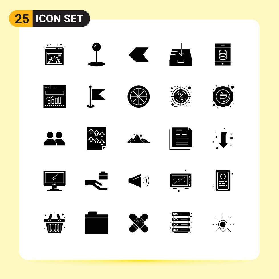 Set of 25 Vector Solid Glyphs on Grid for graph money pointer mobile receive Editable Vector Design Elements