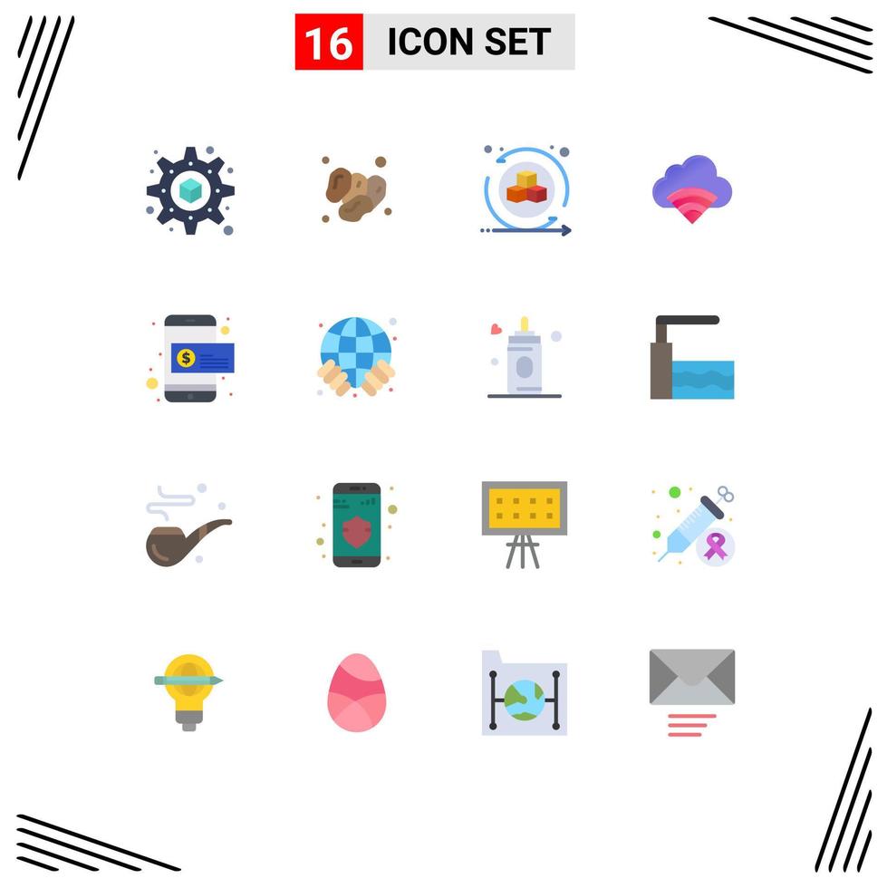 Pack of 16 Modern Flat Colors Signs and Symbols for Web Print Media such as mobile payment coin shapes signal connection Editable Pack of Creative Vector Design Elements