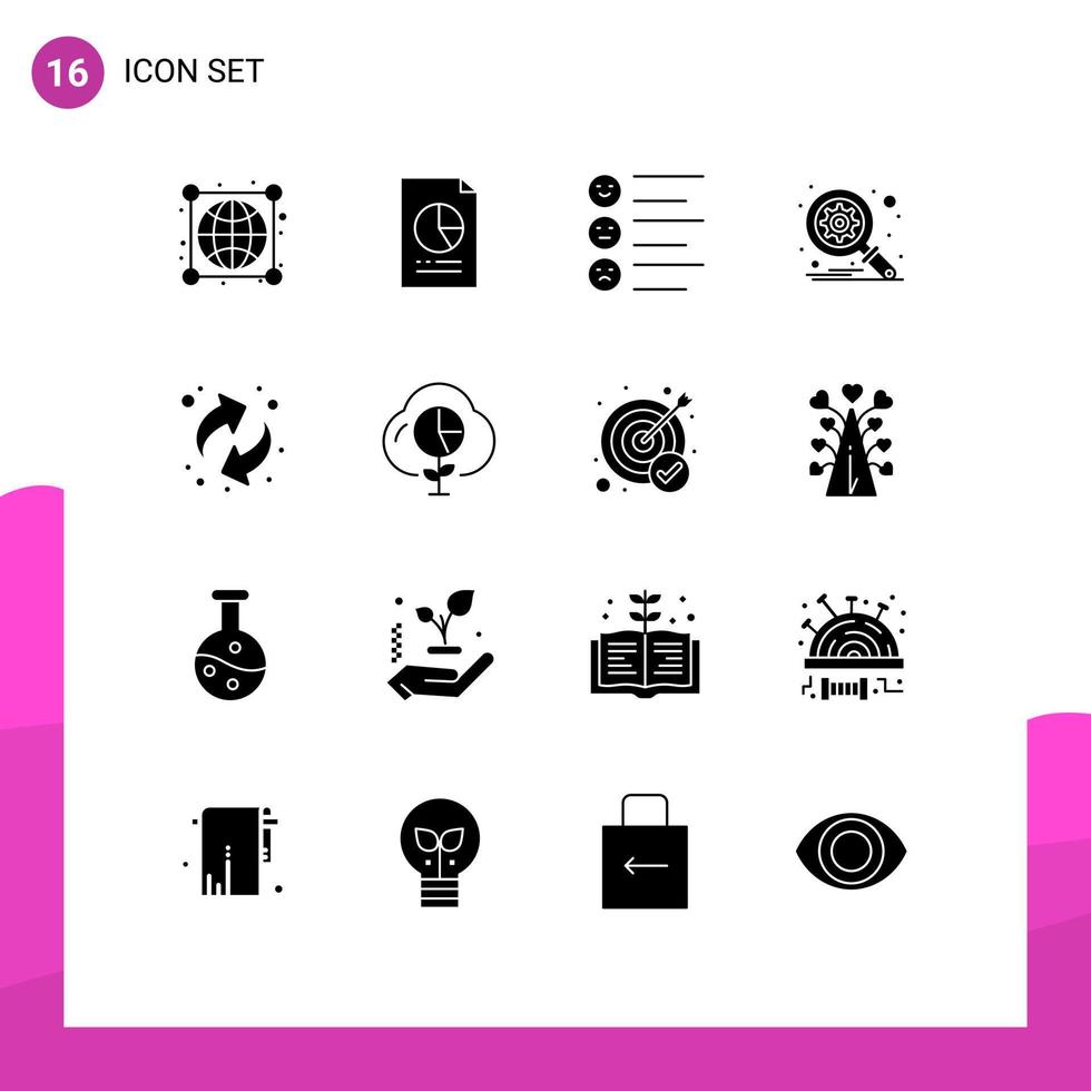 Universal Icon Symbols Group of 16 Modern Solid Glyphs of recycling search graph optimization emojis Editable Vector Design Elements