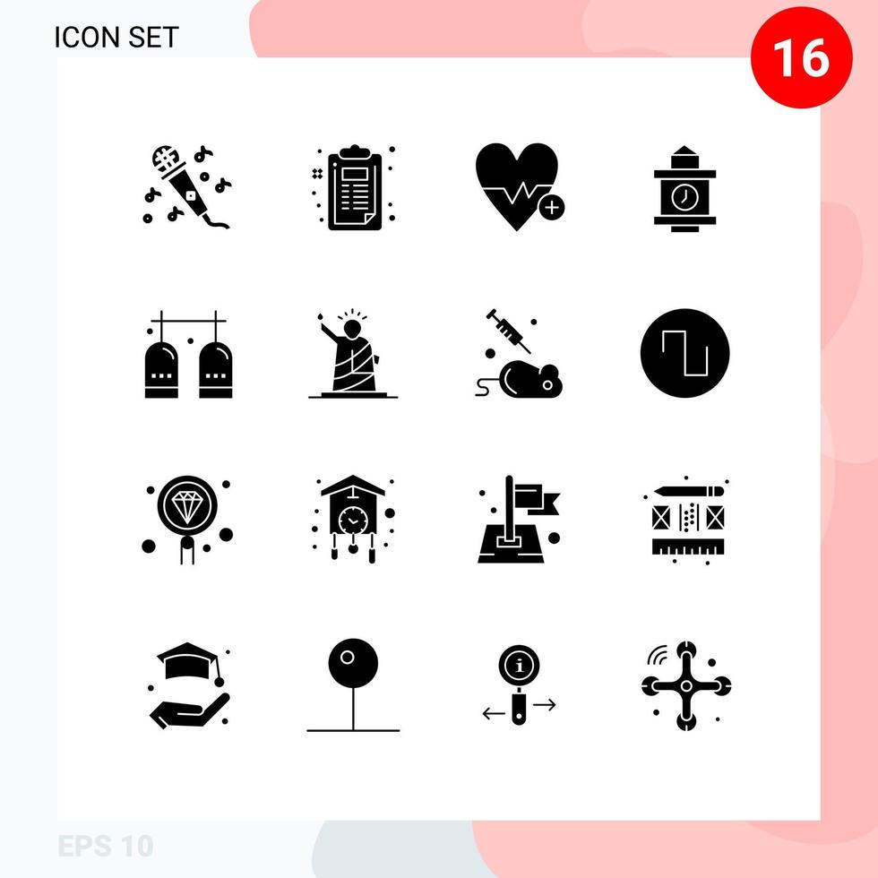 16 User Interface Solid Glyph Pack of modern Signs and Symbols of gas diving heart beat activities time Editable Vector Design Elements