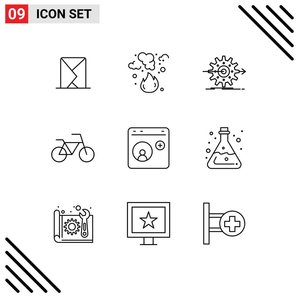 9 Thematic Vector Outlines and Editable Symbols of browser bicycle pollution gear work Editable Vector Design Elements