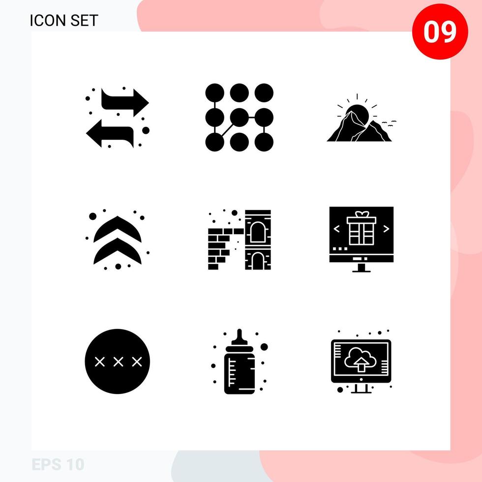 Group of 9 Solid Glyphs Signs and Symbols for brick up hill arrows sun Editable Vector Design Elements