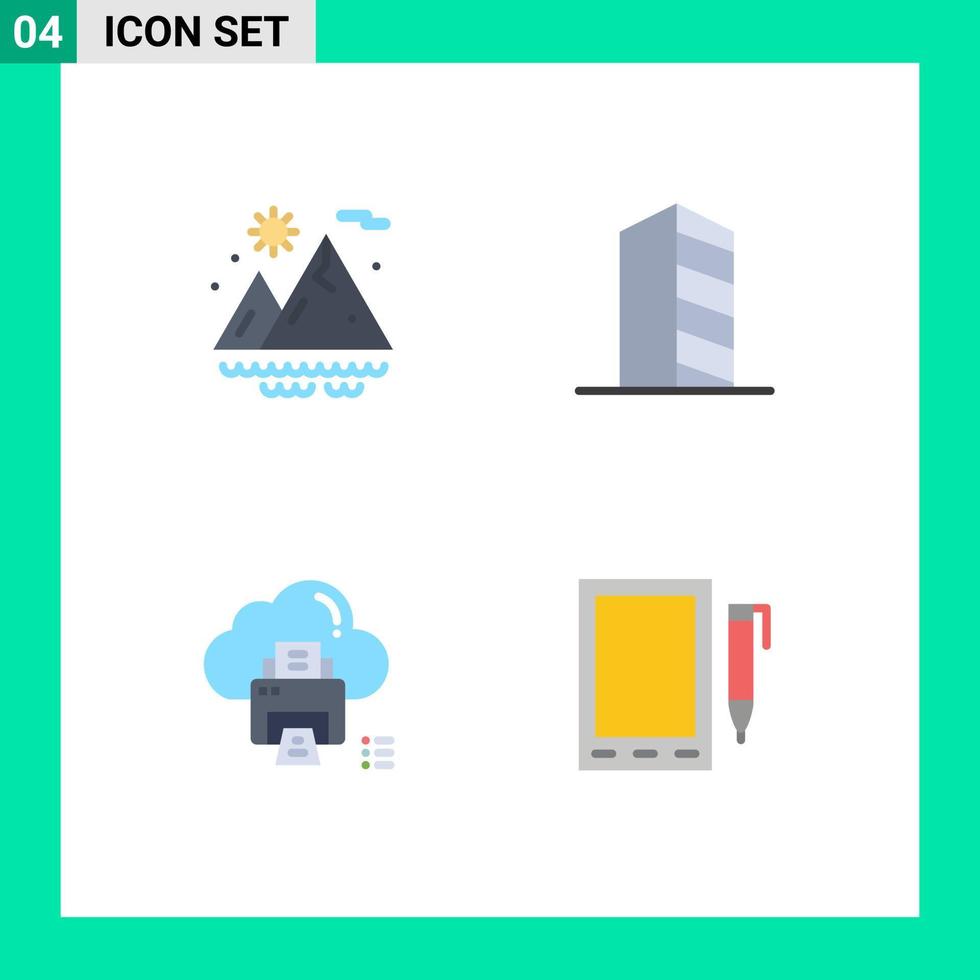 paquete de línea vectorial editable de 4 iconos planos simples de edificios de datos de montañas impresora de paisaje elementos de diseño vectorial editables vector