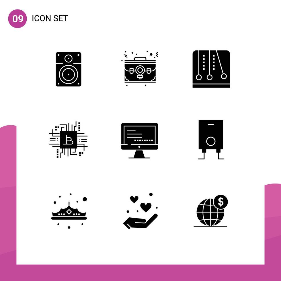 Group of 9 Modern Solid Glyphs Set for fintech computer portfolio bitcoin video game Editable Vector Design Elements