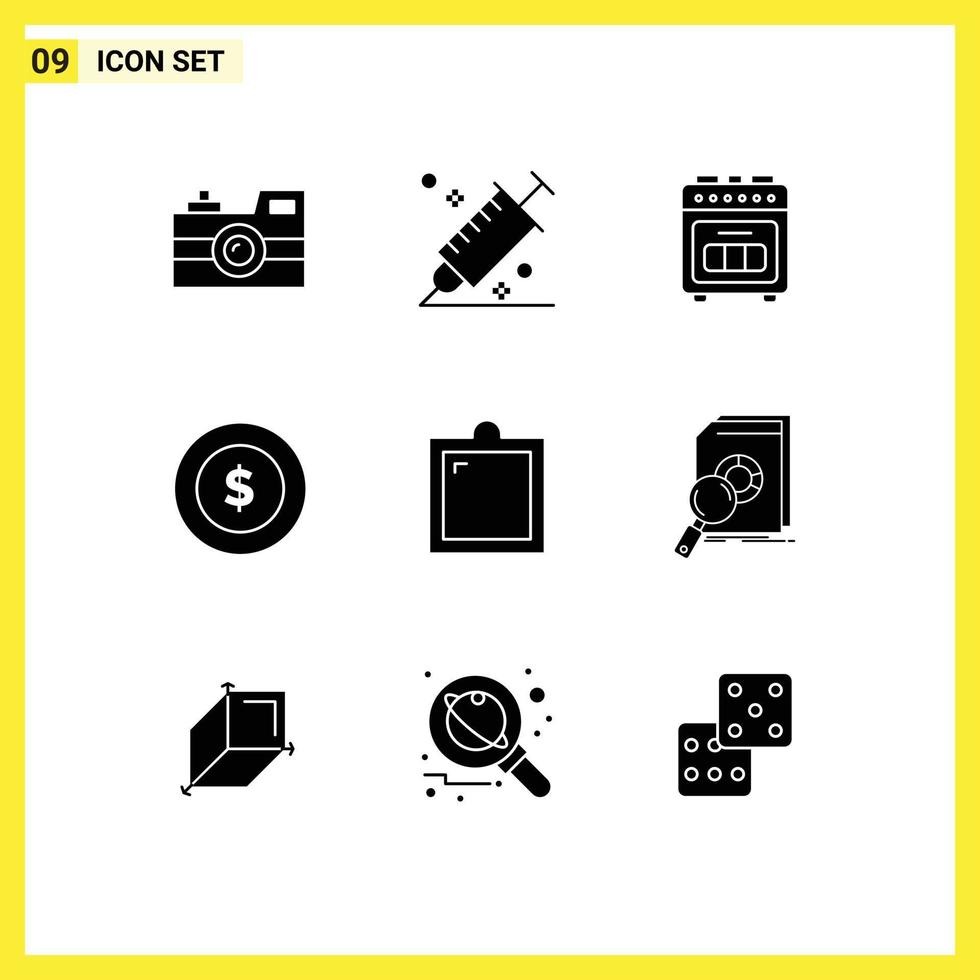 Solid Glyph Pack of 9 Universal Symbols of decor logistic picker dollar coin baking oven Editable Vector Design Elements
