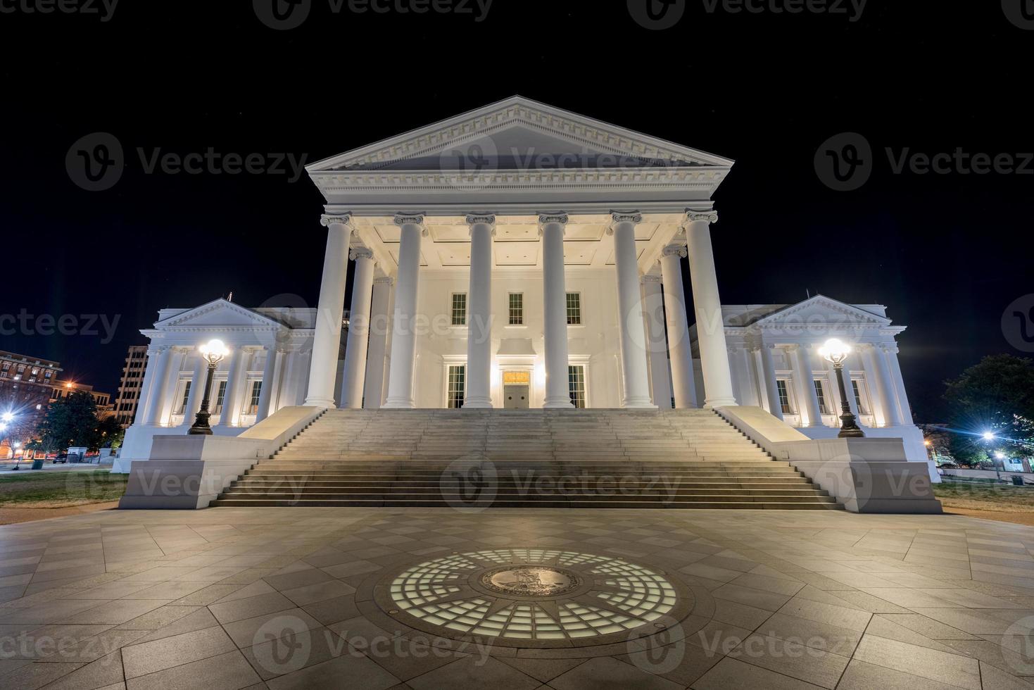 The Virginia State Capitol at night. Designed by Thomas Jefferson who was inspired by Greek and Roman Architecture in Richmond, Virginia. photo