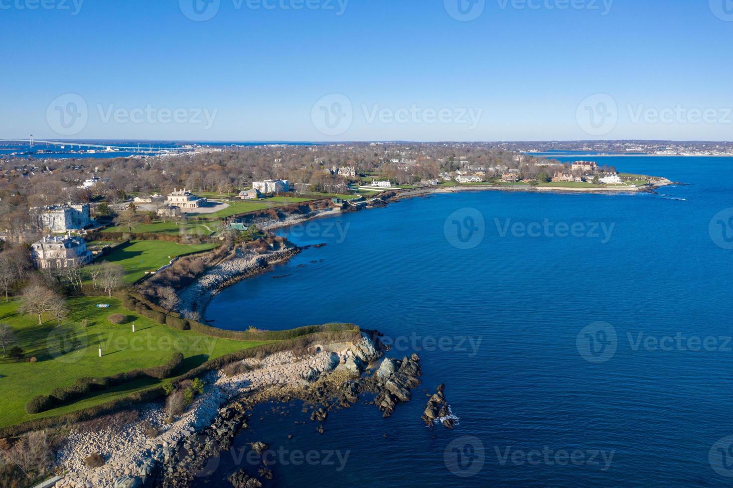 Aerial view of the rocky coast and cliffwalk of Newport, Rhode Island. photo