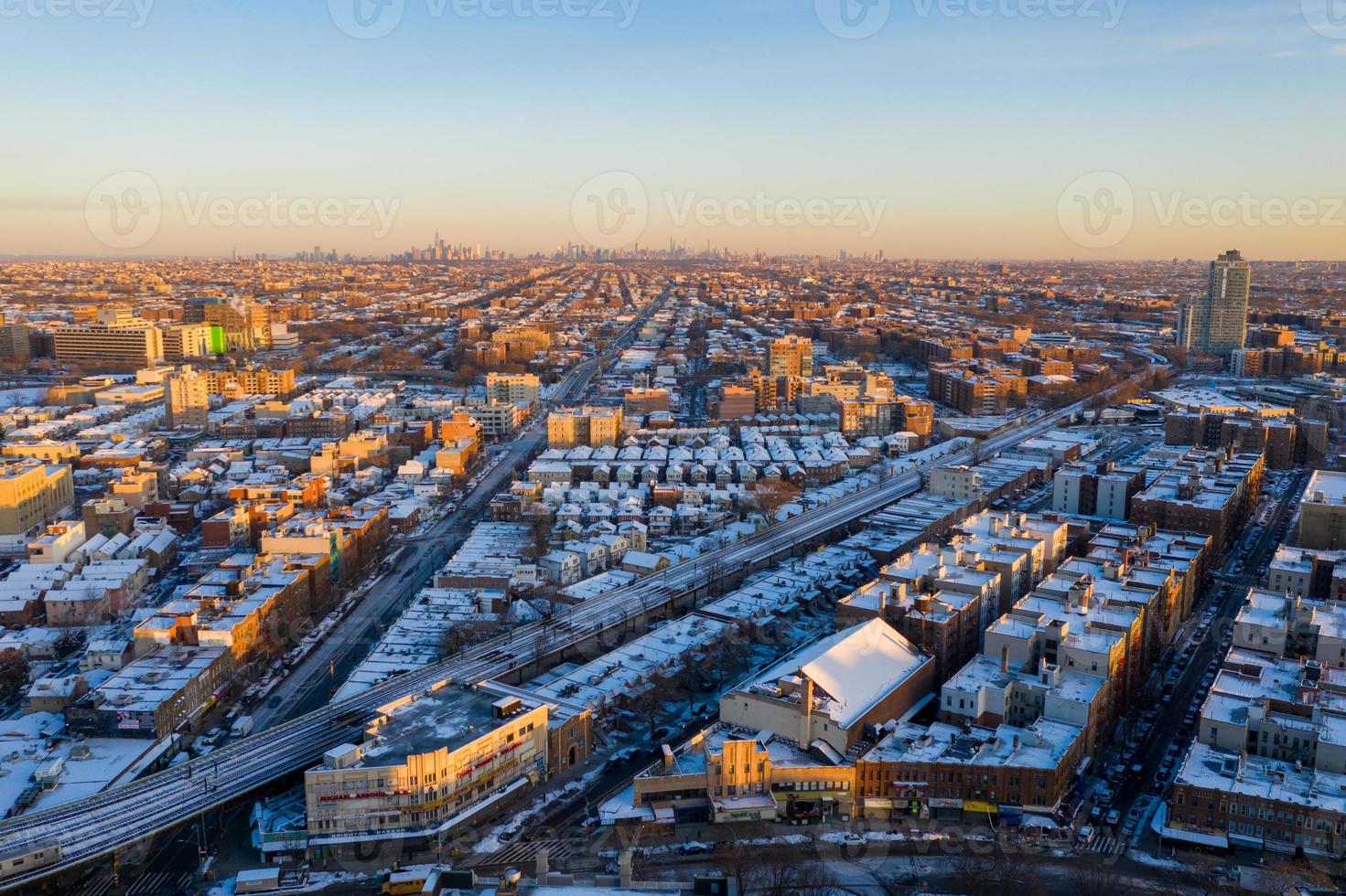 Aerial view of a snow covered Coney Island Beach during the winter at sunrise in Brooklyn, New York photo