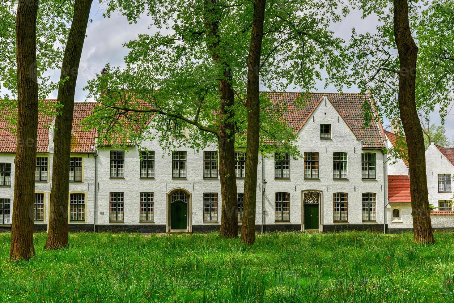 casas blancas medievales en el beaterio principesco begijnhof ten wijngaerde en brujas, bélgica. foto