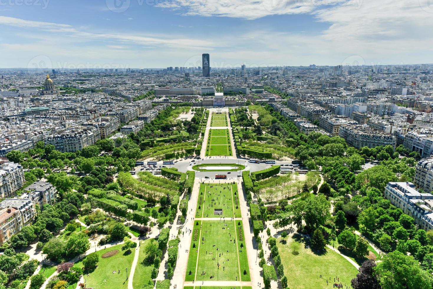 Aerial panoramic view of Paris and Champ de Mars from Eiffel Tower in Paris, France photo