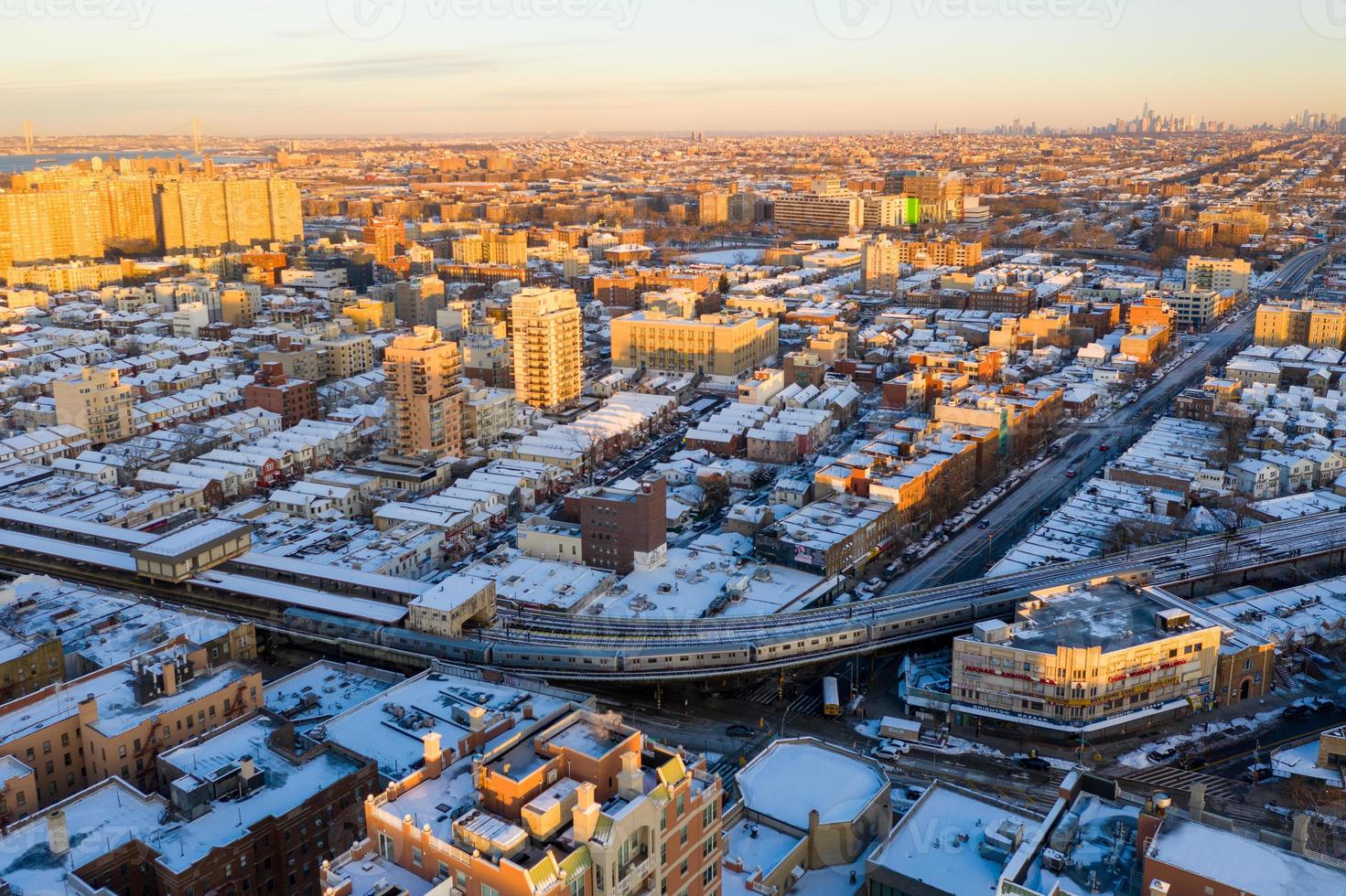 Aerial view of a snow covered Coney Island Beach during the winter at sunrise in Brooklyn, New York photo