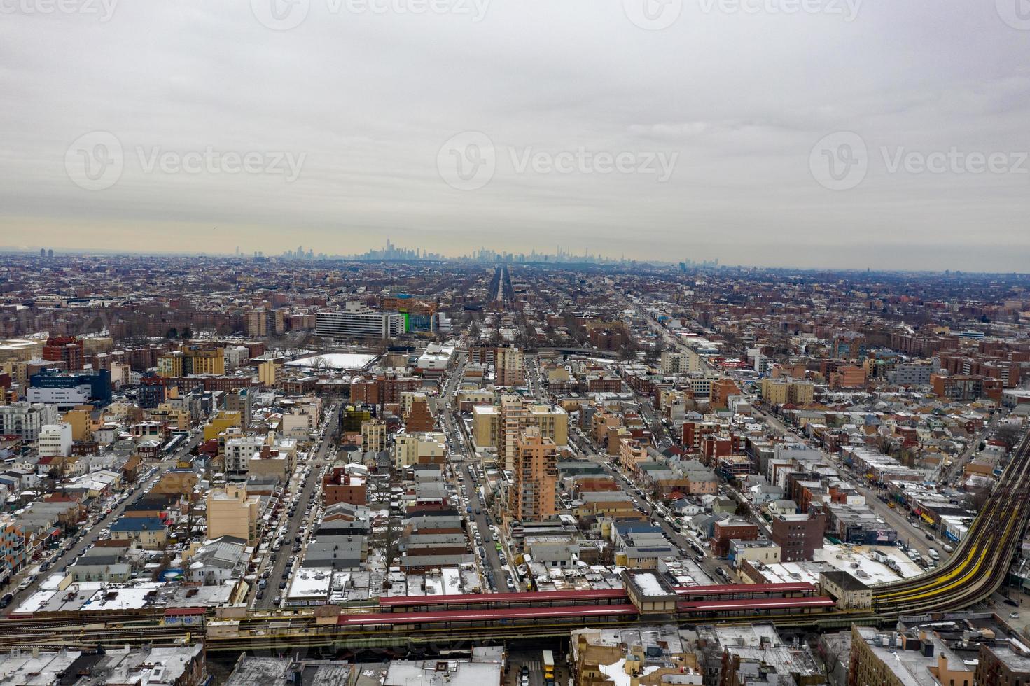 Aerial view of a snow covered Brighton Beach during the winter in Brooklyn, New York photo