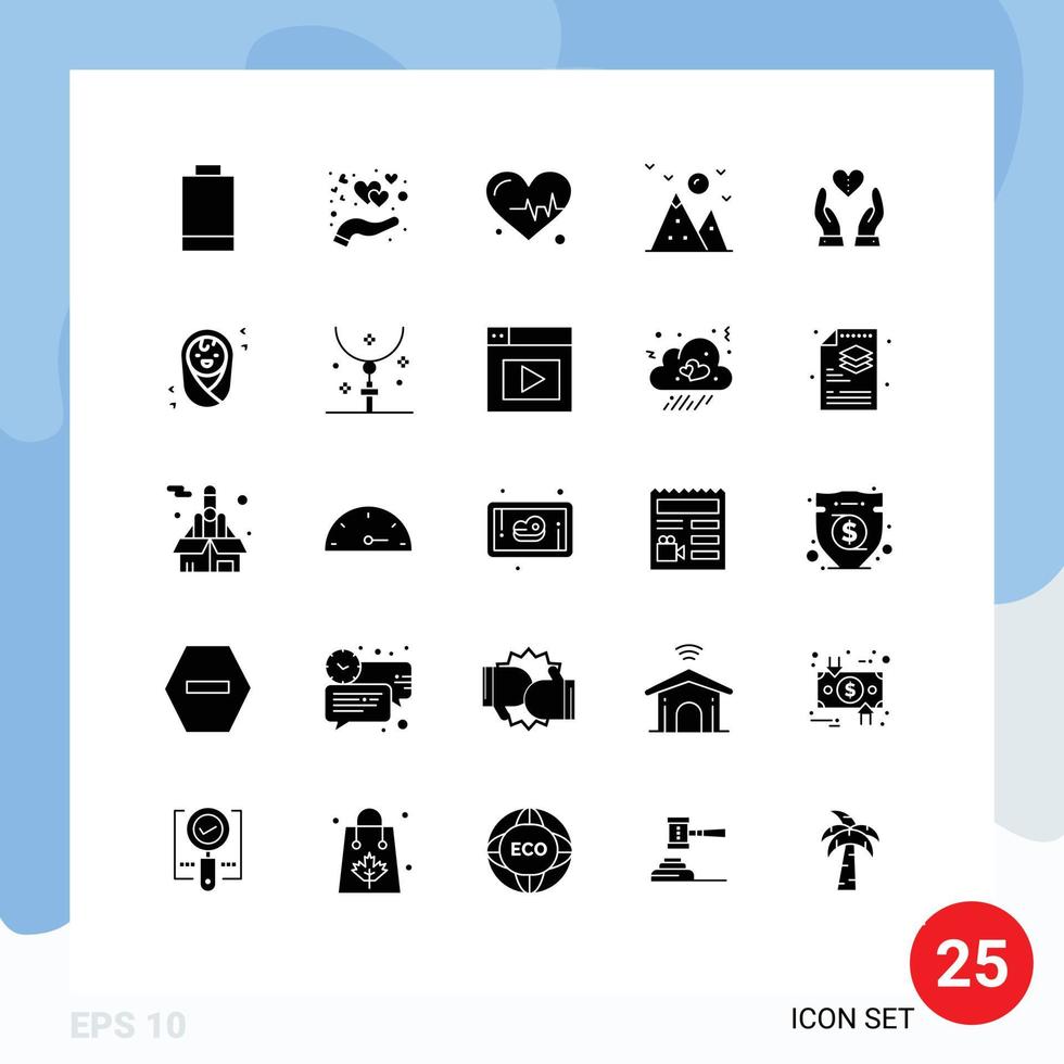 25 User Interface Solid Glyph Pack of modern Signs and Symbols of heart compassion beat care landscape Editable Vector Design Elements