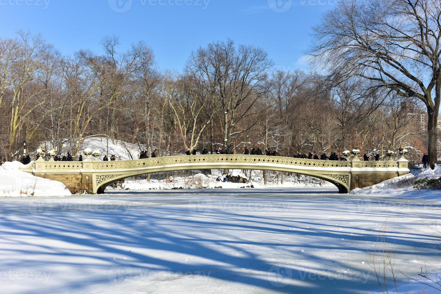 New York - January 24, 2016 -  The Bow Bridge is a cast iron bridge located in Central Park, New York City, crossing over The Lake and used as a pedestrian walkway in winter. photo