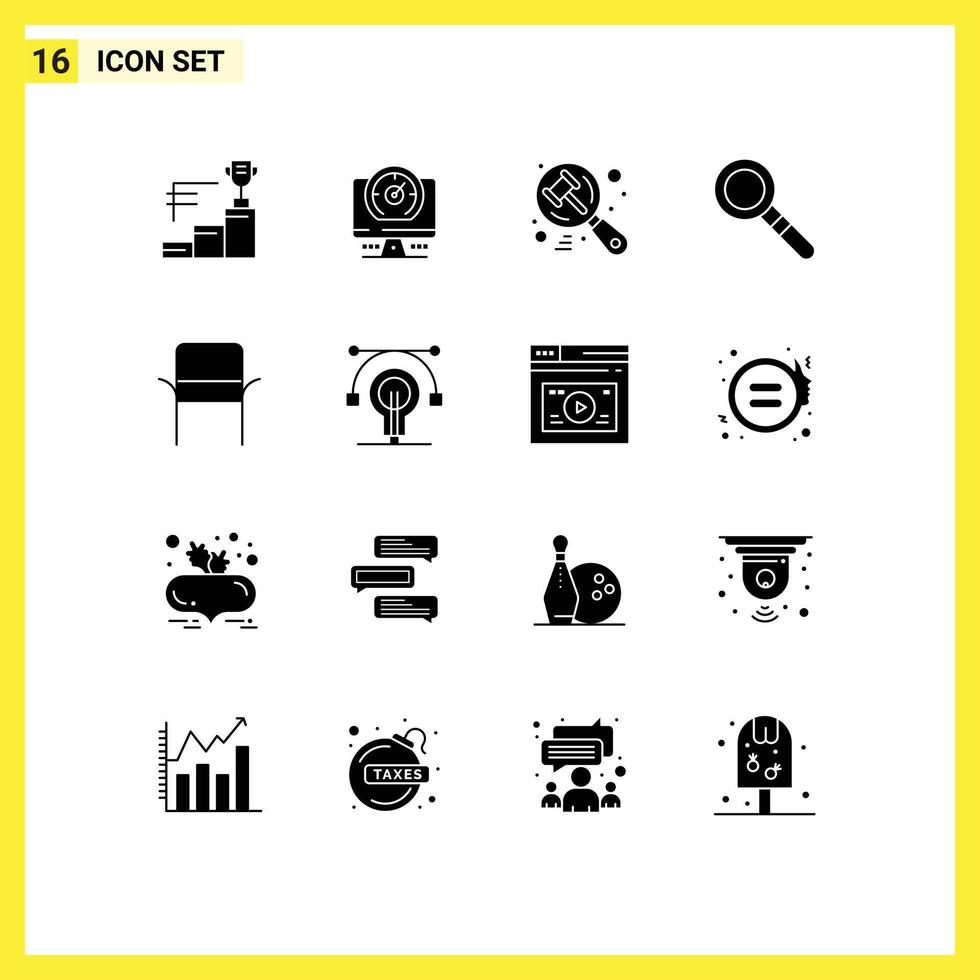 Pack of 16 Modern Solid Glyphs Signs and Symbols for Web Print Media such as home chair search search find Editable Vector Design Elements