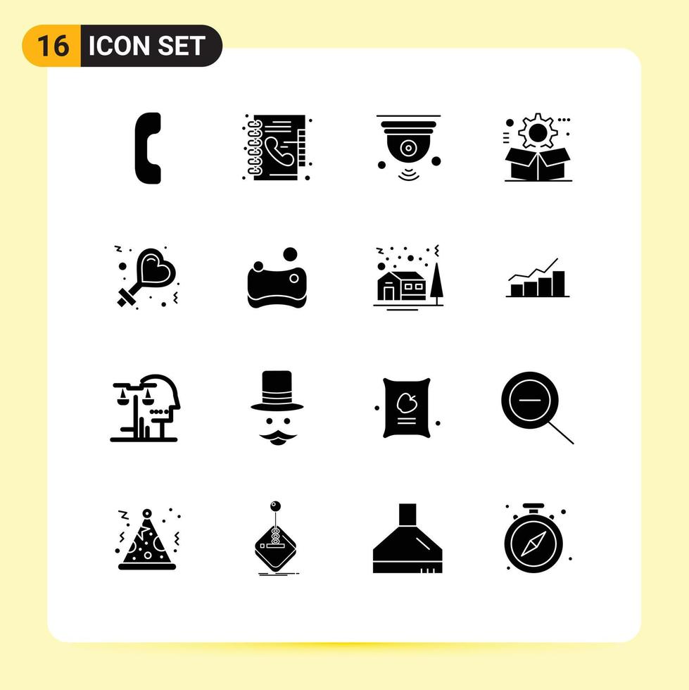 Group of 16 Solid Glyphs Signs and Symbols for female setting internet gear box Editable Vector Design Elements