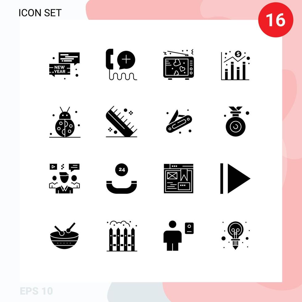 Modern Set of 16 Solid Glyphs Pictograph of economy chart service digital tv Editable Vector Design Elements