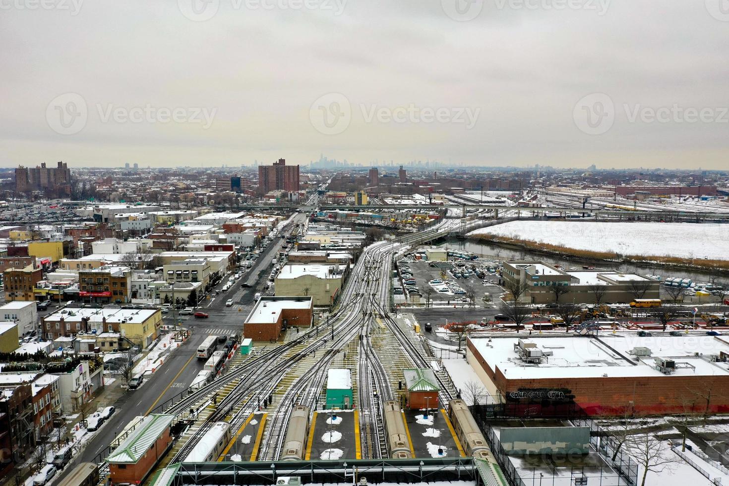 Aerial view of the snow-covered elevated train tracks extending from Coney Island, Brooklyn, New York. photo
