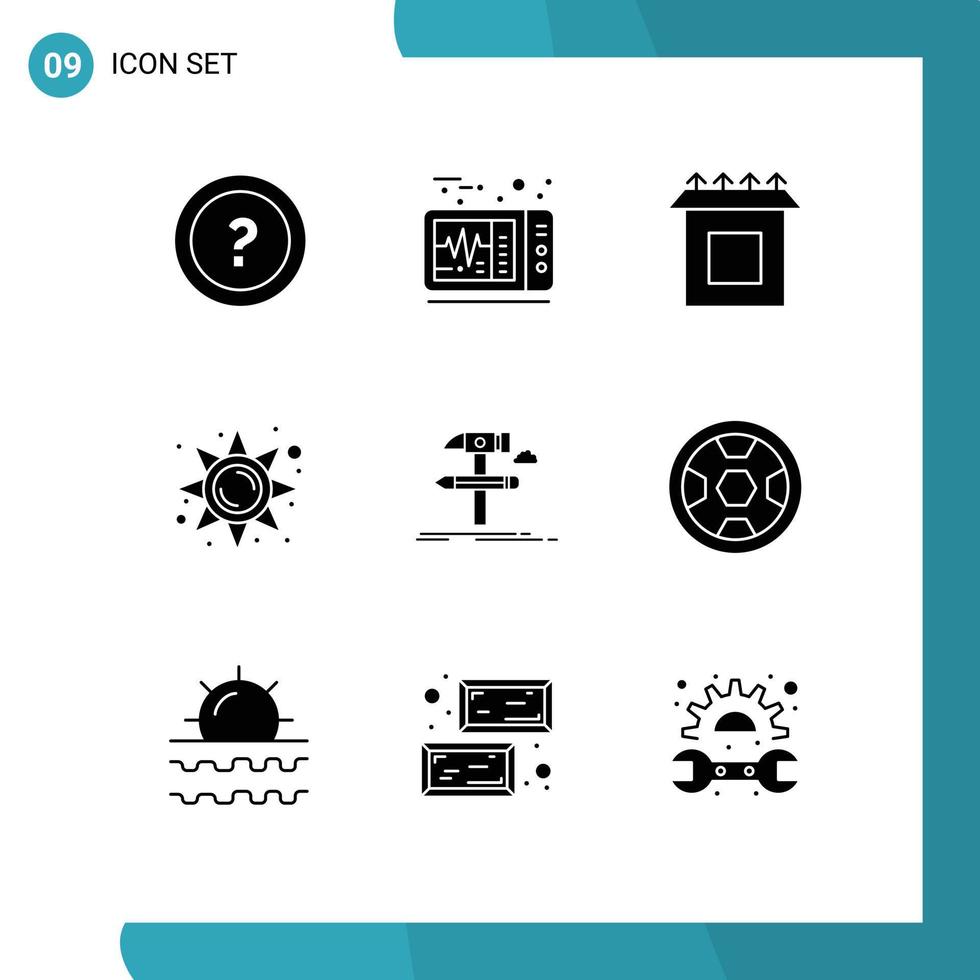 Mobile Interface Solid Glyph Set of 9 Pictograms of develop build box sun light light Editable Vector Design Elements
