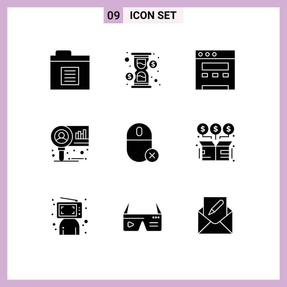 User Interface Pack of 9 Basic Solid Glyphs of mouse gadget website devices research Editable Vector Design Elements
