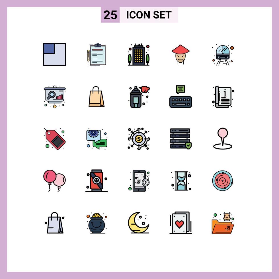 User Interface Pack of 25 Basic Filled line Flat Colors of train public business chinese china Editable Vector Design Elements