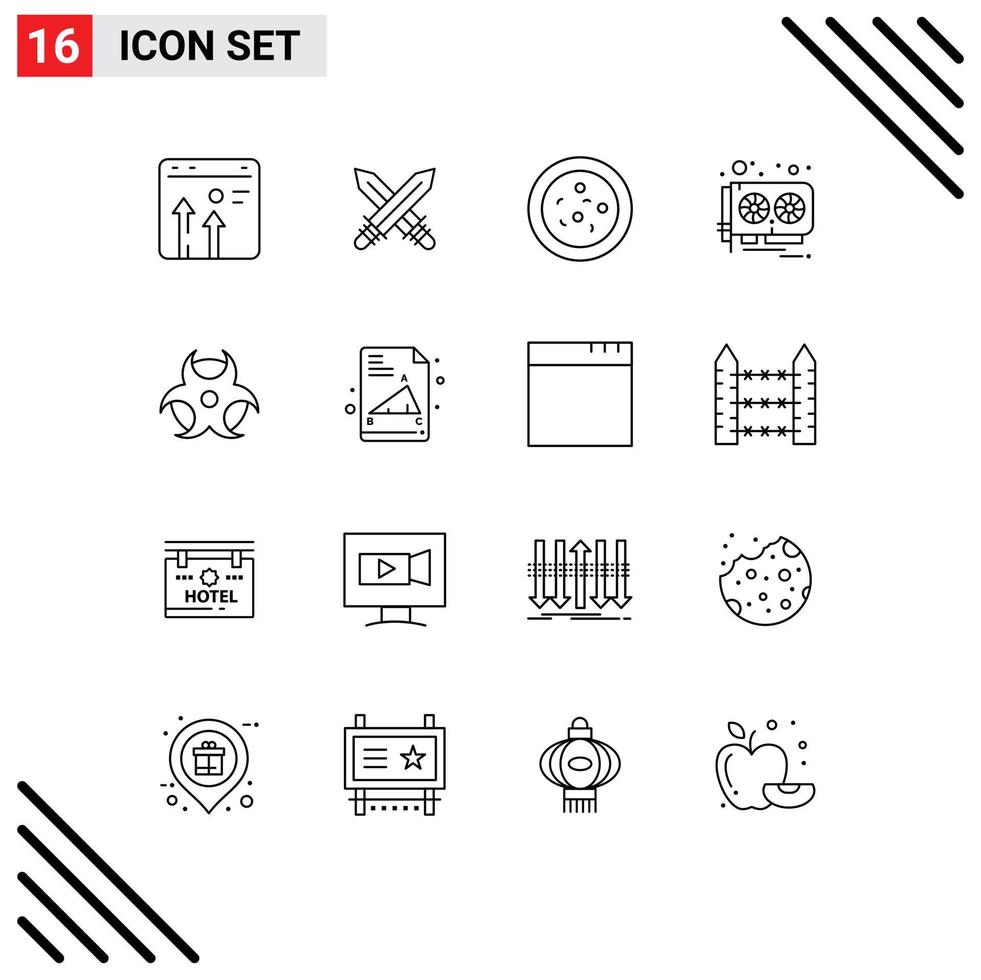 Mobile Interface Outline Set of 16 Pictograms of science education weapon video card hardware Editable Vector Design Elements