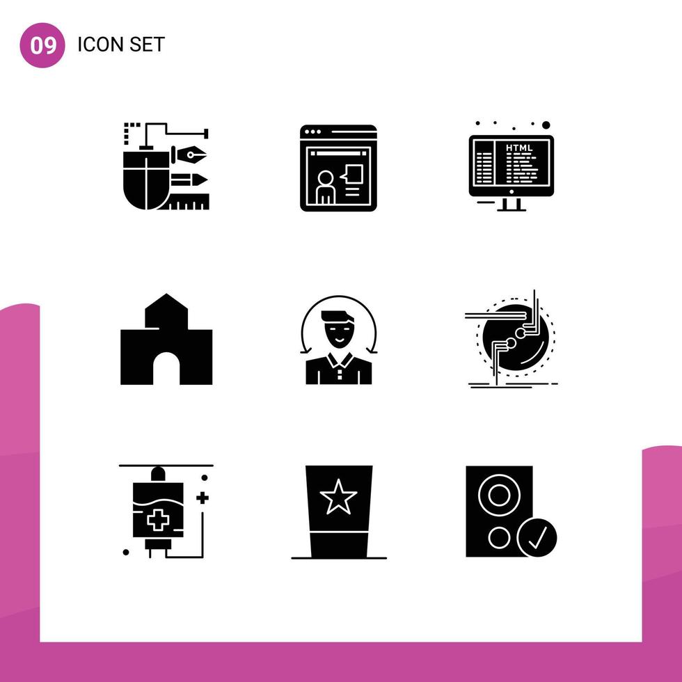 Modern Set of 9 Solid Glyphs Pictograph of school fortress working building programming Editable Vector Design Elements