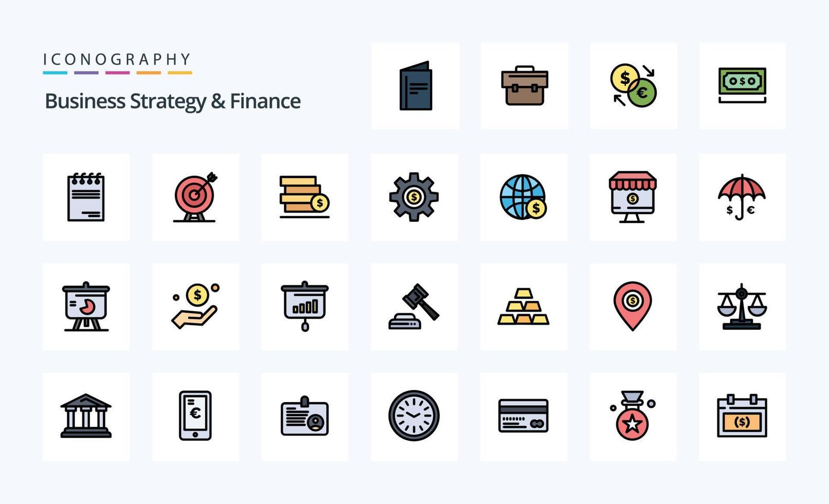 25 paquete de iconos de estilo lleno de estrategia empresarial y línea financiera vector
